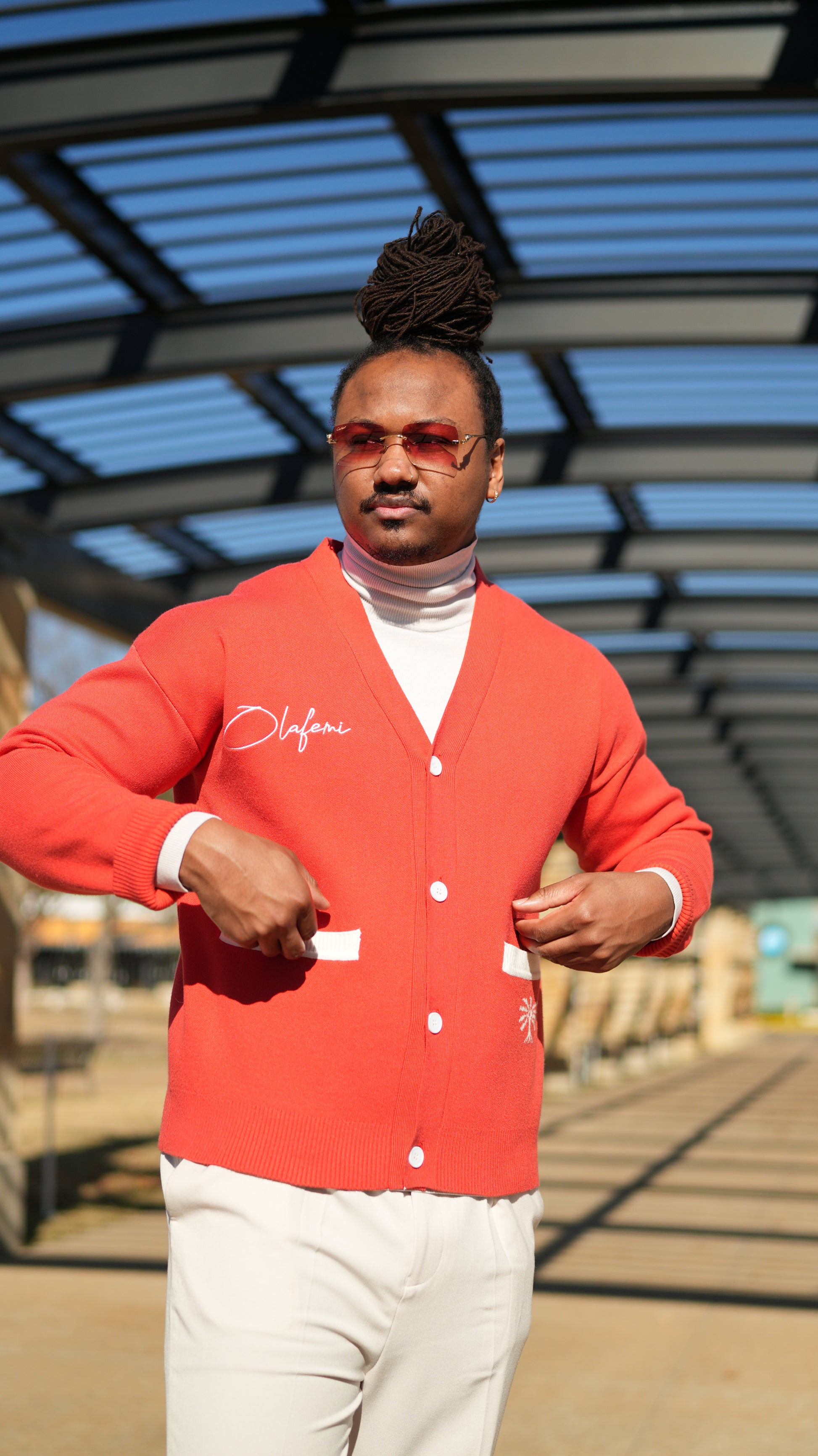 Red and White Cardigan Sweater  Olafemi